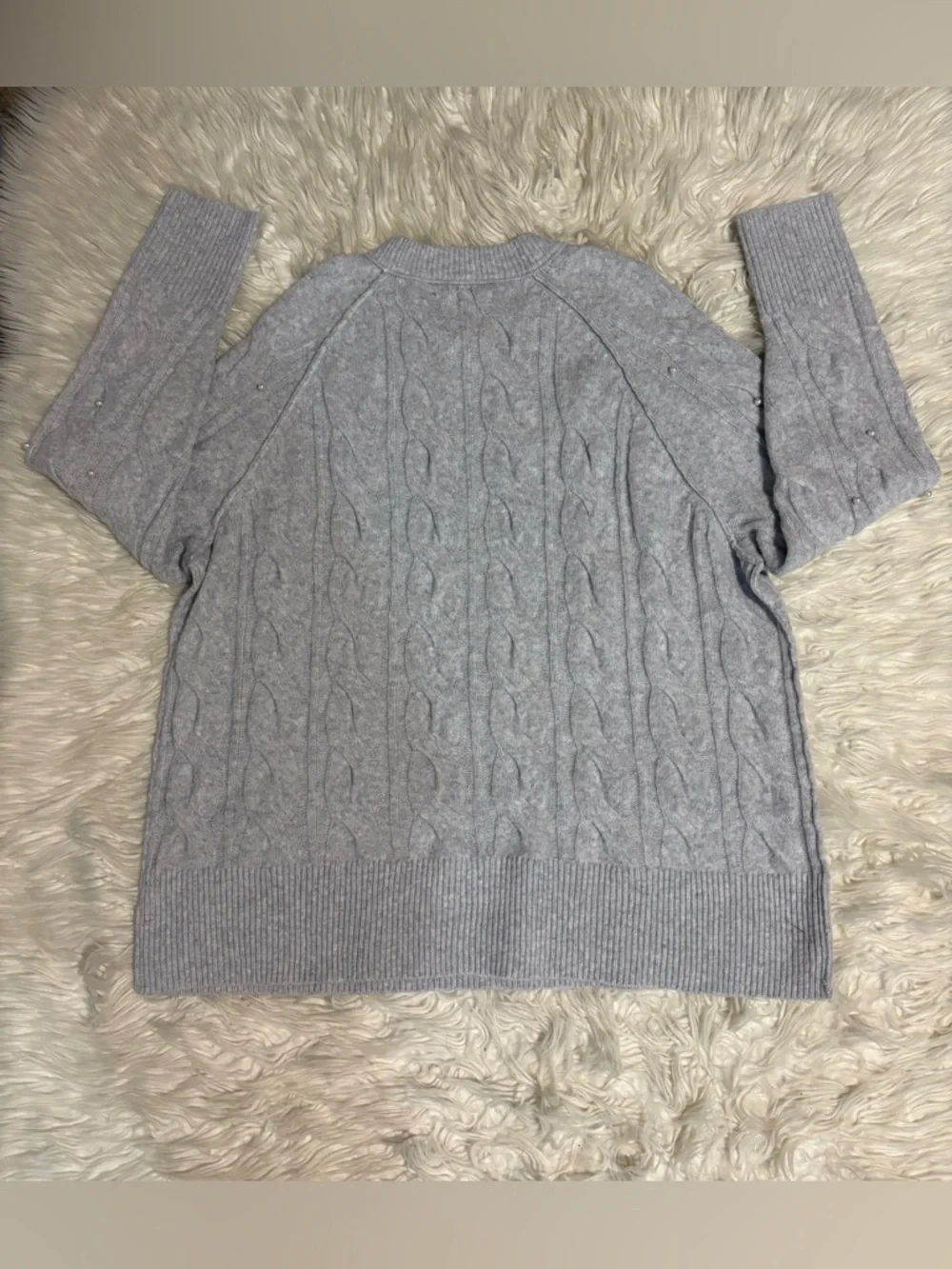 aerie unReal Light Gray Pearl-Embellished Cable Crewneck Sweater - Picture 6 of 12
